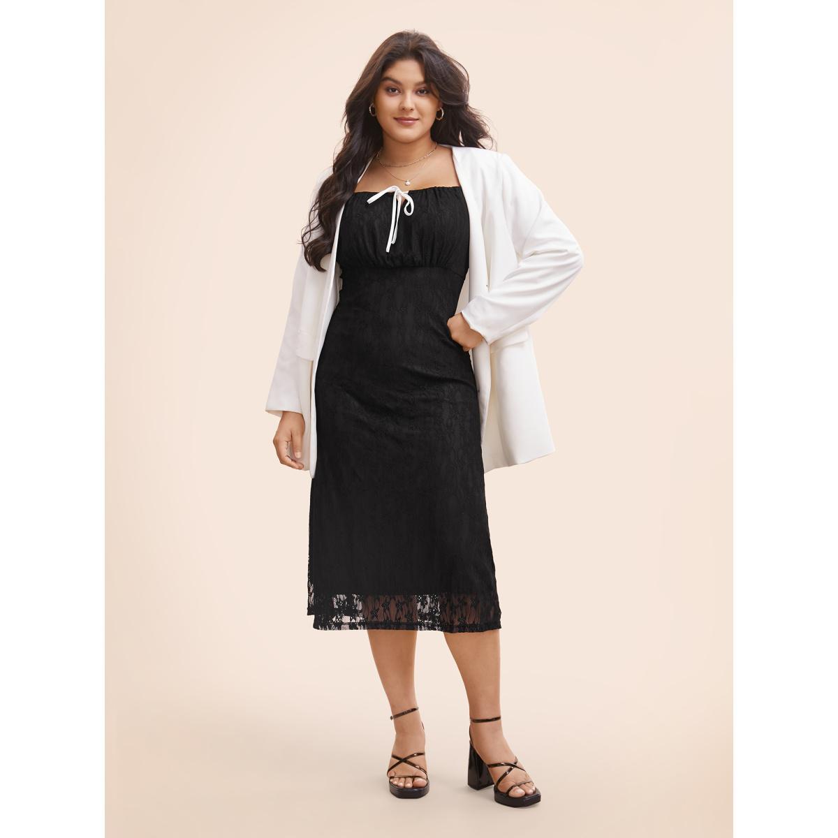 Plus Size Contrast Tie Knot Lace Panel Cami Dress Black Women Elegant Woven ribbon&lace trim Square Neck Sleeveless Curvy BloomChic 14-16/1X Product Image