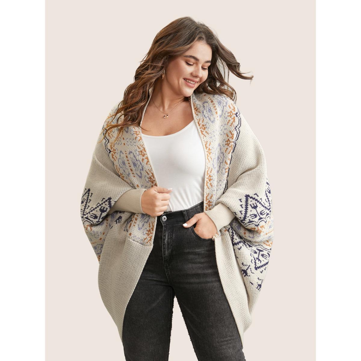 Plus Size Boho Print Dolman Sleeve Jacquard Cardigan Beige Women Casual Loose Long Sleeve Everyday Cardigans BloomChic 26/4X Product Image