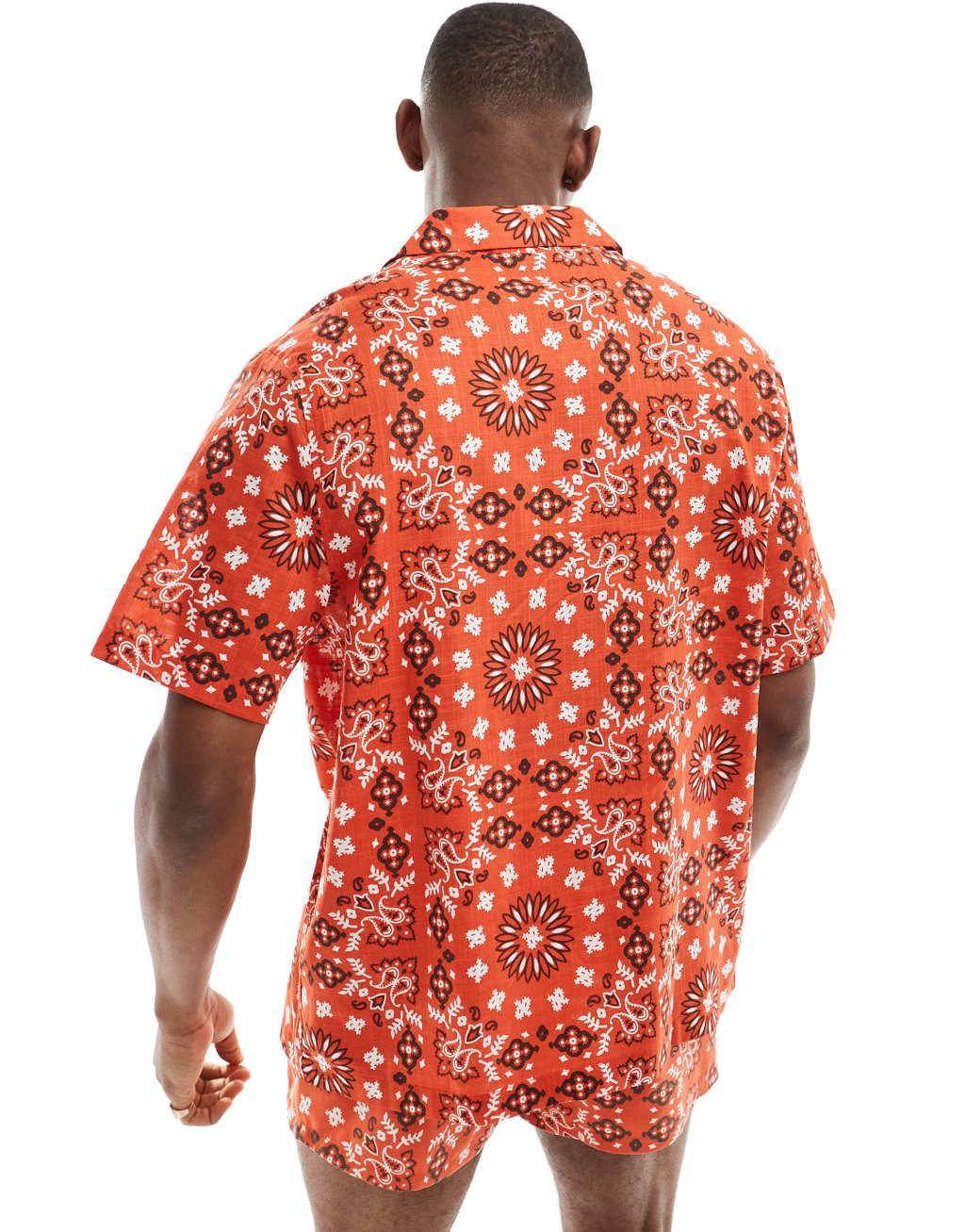 ASOS DESIGN relaxed camp collar shirt with bandana print in red - part of a set Product Image
