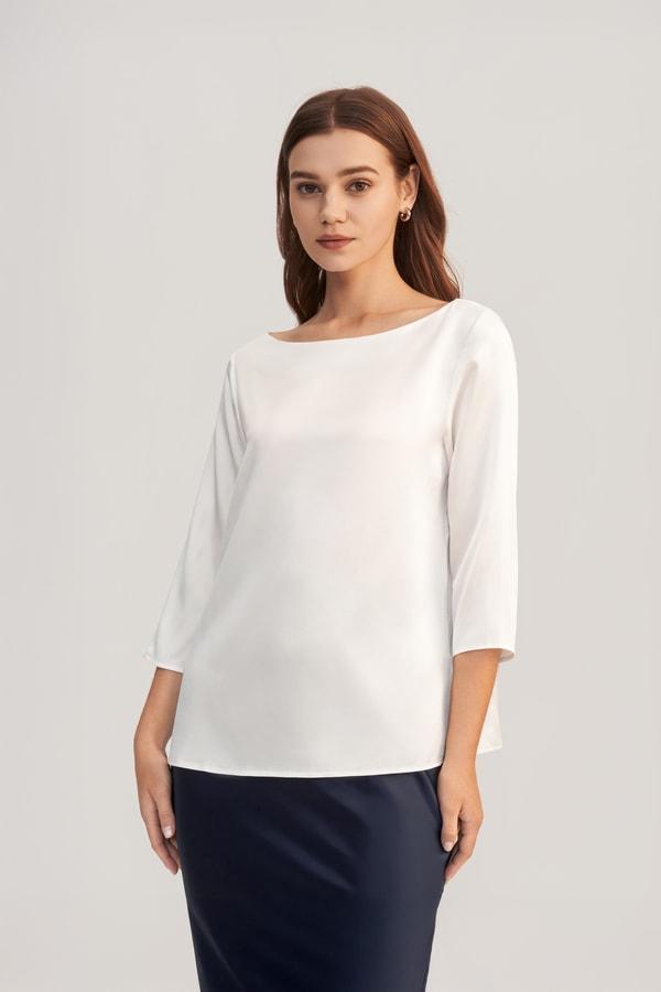 3/4 Sleeve Boat Neck Silk Blouse Product Image