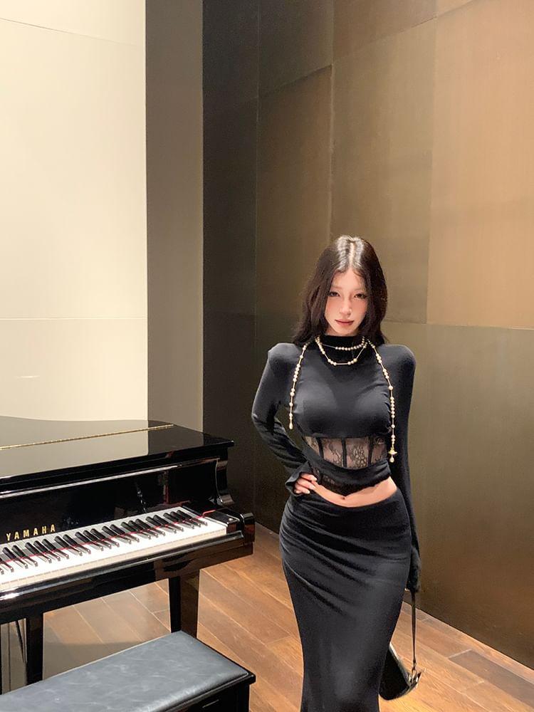 Long-Sleeve Lace Panel Crop Top / Mini Skirt Product Image