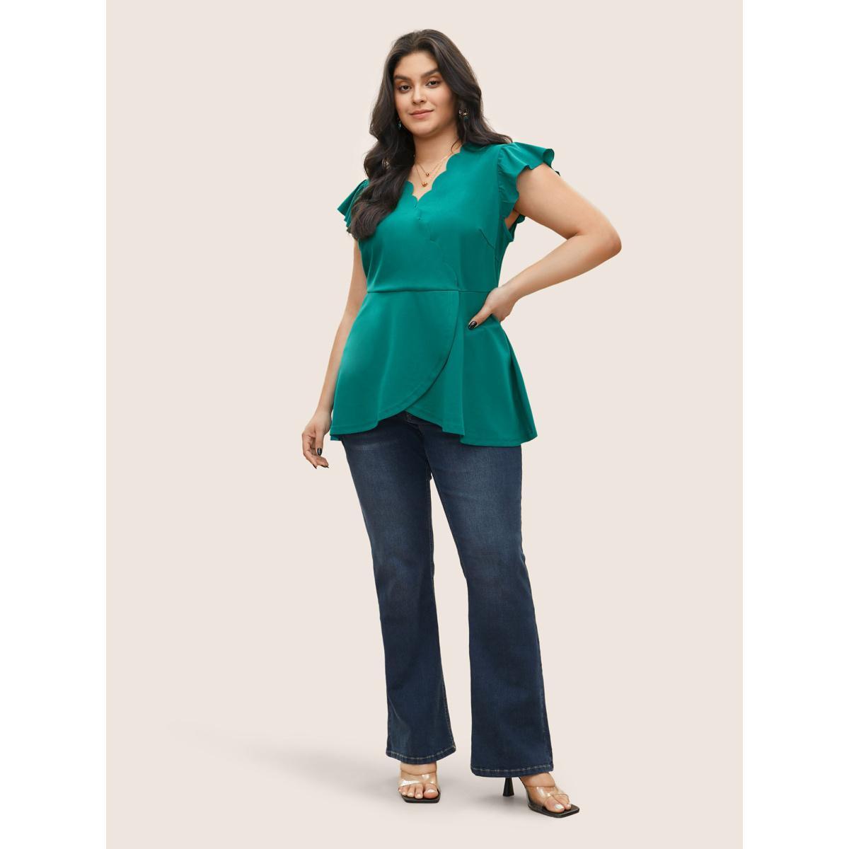 Plus Size Emerald Solid Ruffle Cap Sleeve Scalloped Trim Blouse Women Elegant Cap Sleeve Overlap Collar Everyday Blouses BloomChic 26/4X Product Image