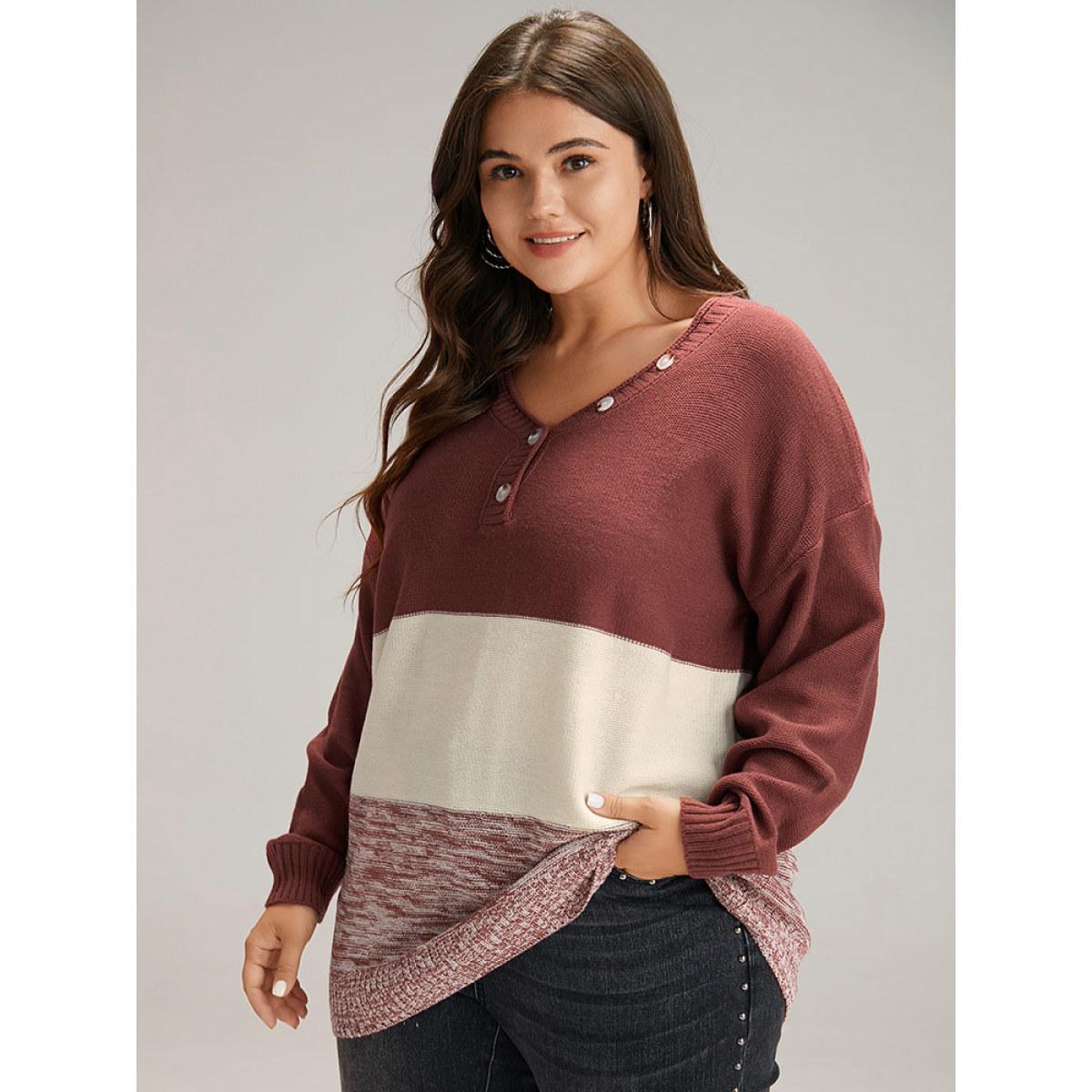 Plus Size Contrast Heather V Neck Button Detail Pullover Russet Women Casual Long Sleeve V-neck Dailywear Pullovers BloomChic 22-24/3X Product Image