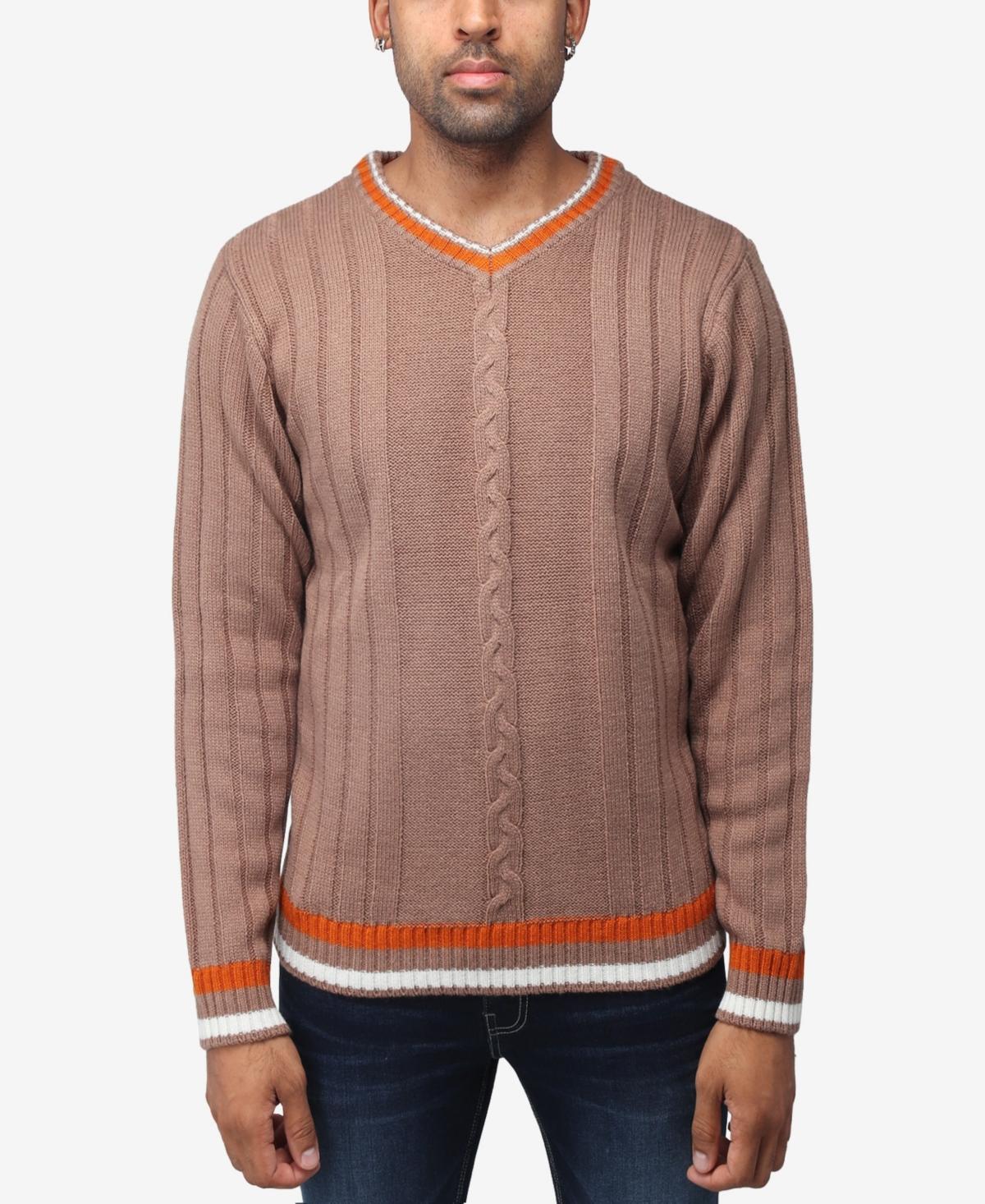 Men's Xray Cable Knit Tipped V-Neck Sweater, Size: Large, Grey Product Image