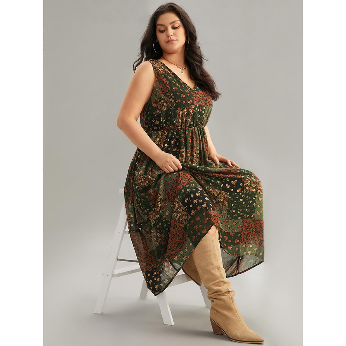 Plus Size Floral Print Pocket Contrast Tank Dress ArmyGreen Women Vacation Printed V-neck Sleeveless Curvy Midi Dress BloomChic 10/M Product Image