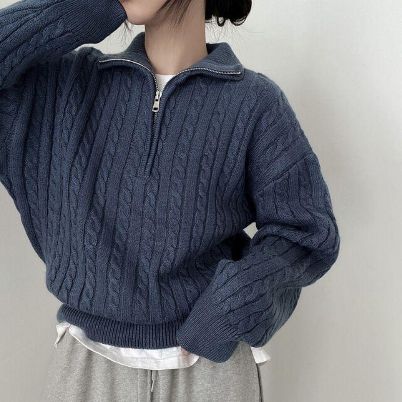 Half-Zip Plain Cable-Knit Sweater Product Image