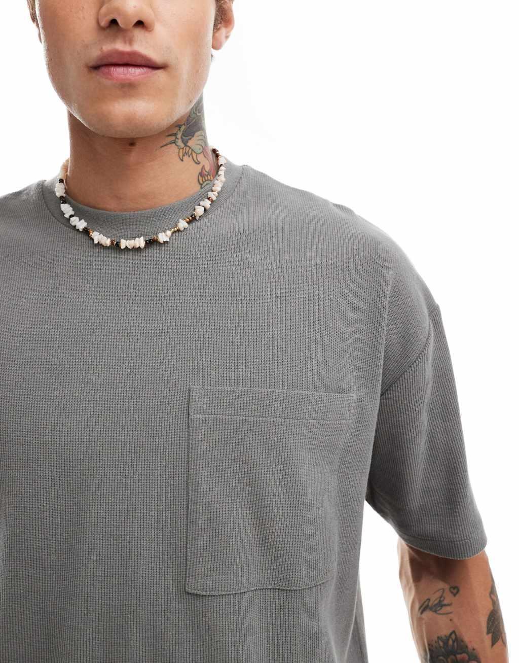 ASOS DESIGN oversized textured t-shirt with front pocket in charcoal Product Image