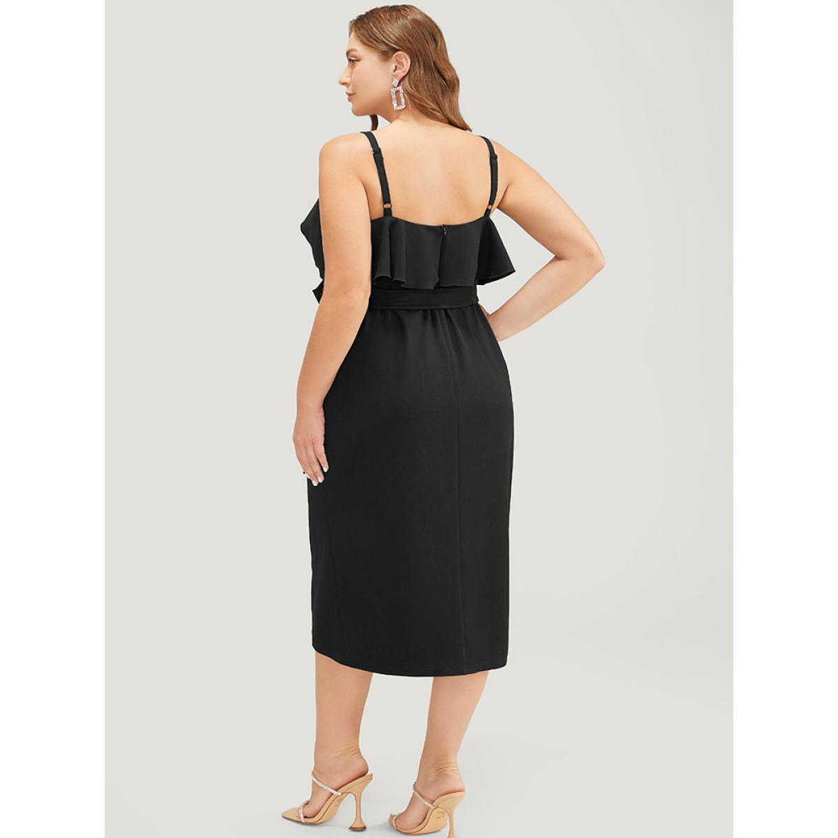 Plus Size Solid Ruffle Trim Belt Pleated Detail Bodycon Cami Dress Black Women Glamour Adjustable Straps Spaghetti Strap Sleeveless Curvy Midi Dress BloomChic 30/6X Product Image