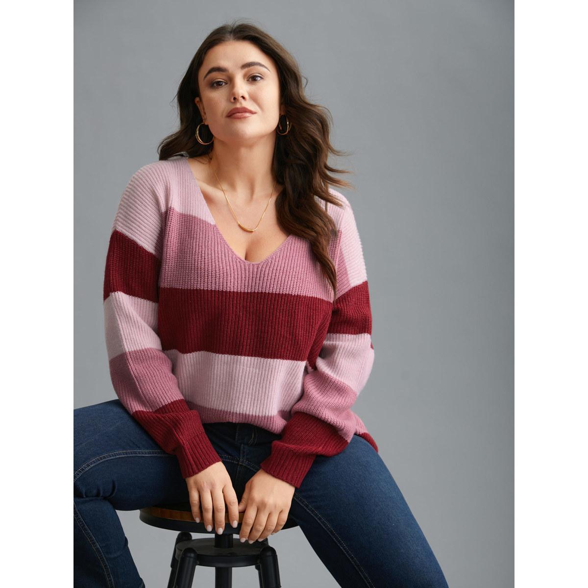 Plus Size Supersoft Essentials Color Block Drop Shoulder Pullover RedViolet Women Casual Loose Long Sleeve V-neck Everyday Pullovers BloomChic 30/6X Product Image