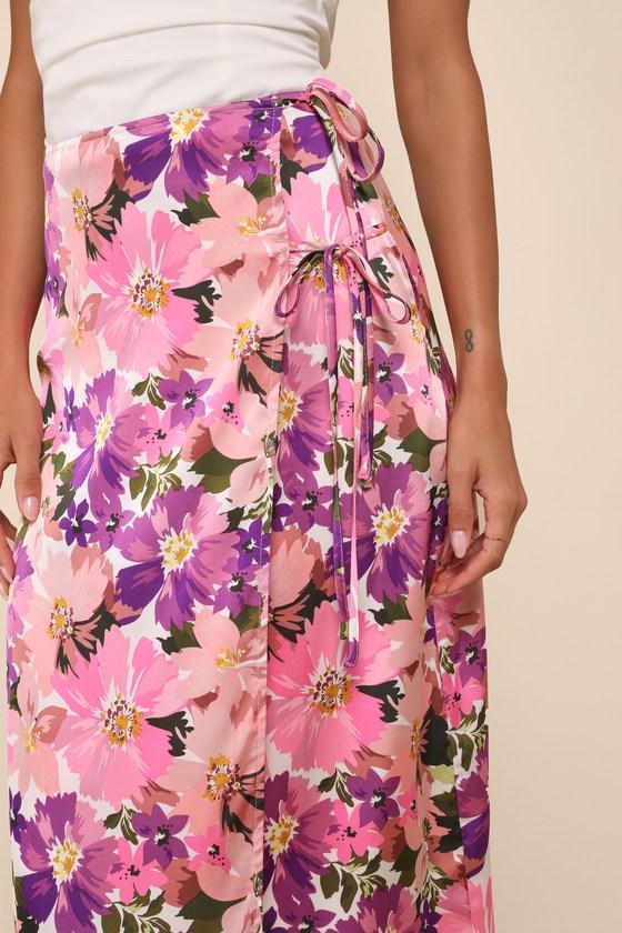 Thriving Spirit Pink Multi Floral Satin Side-Tie Midi Skirt Product Image