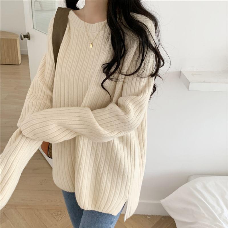 Crew Neck Plain Slit Sweater Product Image