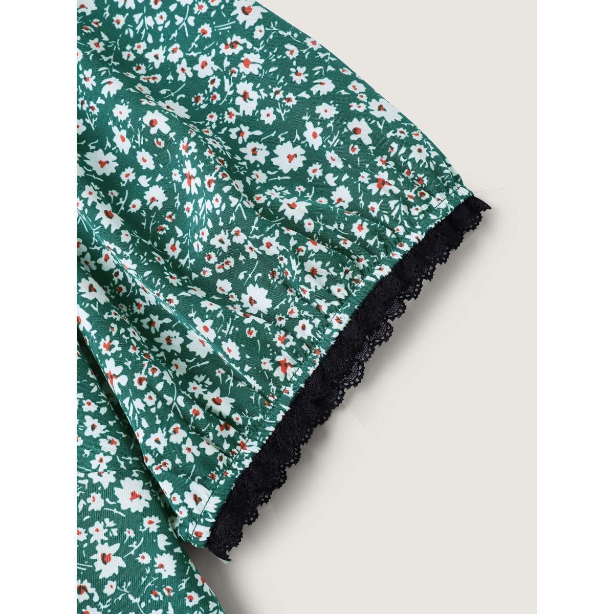 Plus Size DarkGreen Ditsy Floral Print Lace Trim Blouse Women Short sleeve V-neck Everyday-Elegant Blouses BloomChic 12/L Product Image