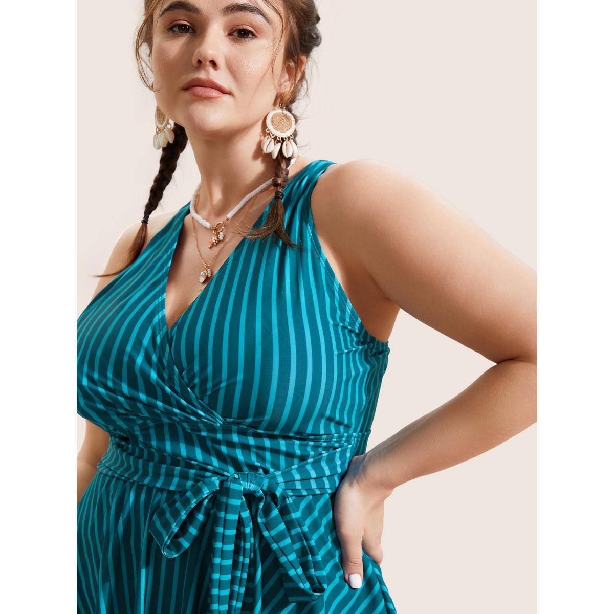 Plus Size Overlap Collar Striped Tie Knot Swim Dress Women's Swimwear Cyan Beach Bodycon Overlap Collar High stretch Curve Swim Dresses BloomChic 14-16/1X Product Image