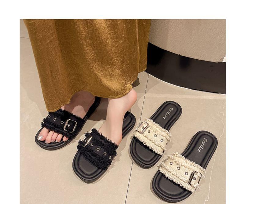 Buckled Fringed Trim Slide Sandals Product Image