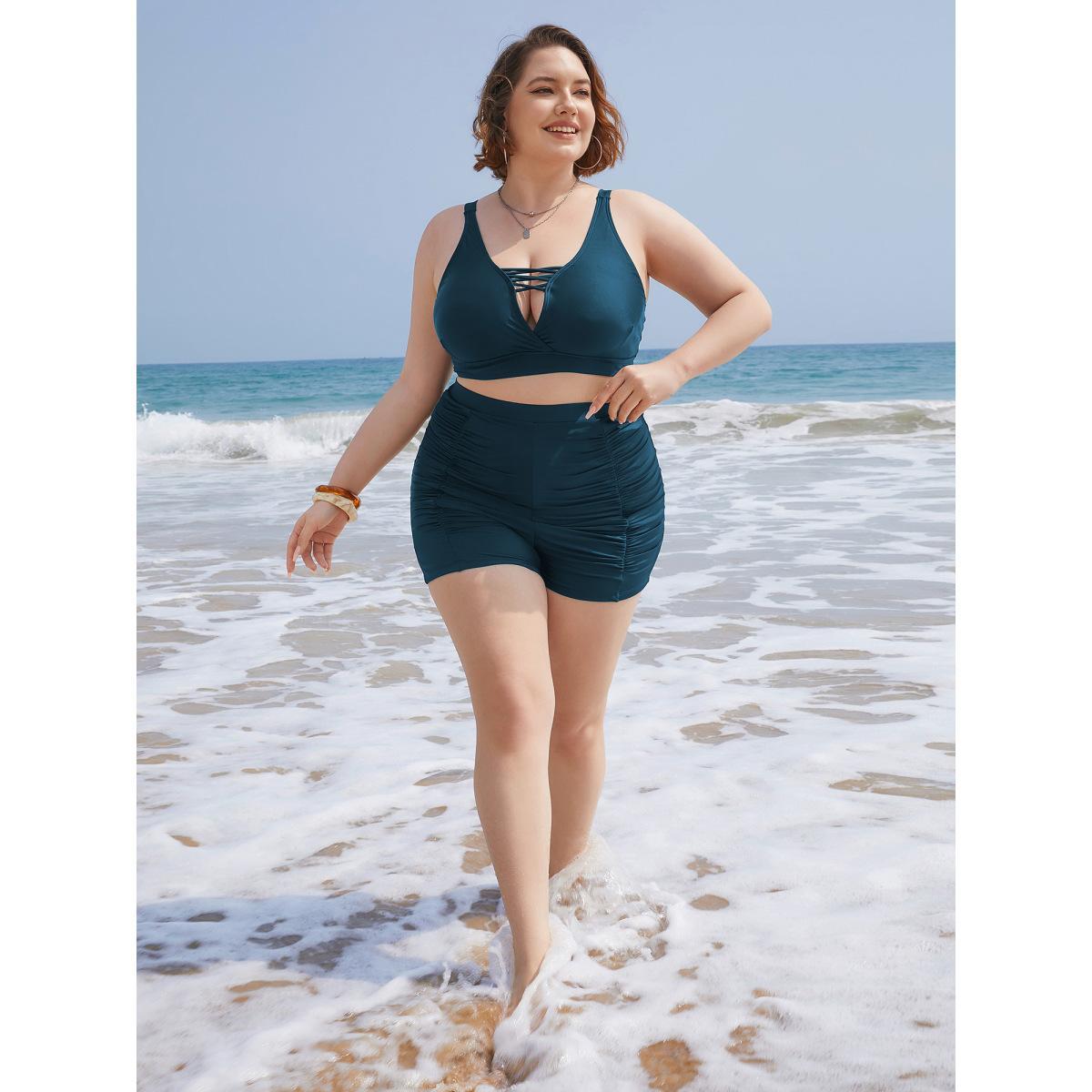 Plus Size Solid High Waist Ruched Detail Swim Shorts Women's Swimwear Cyan Beach Gathered High stretch Skinny High Rise Curve Swim Bottoms BloomChic 14-16/1X Product Image