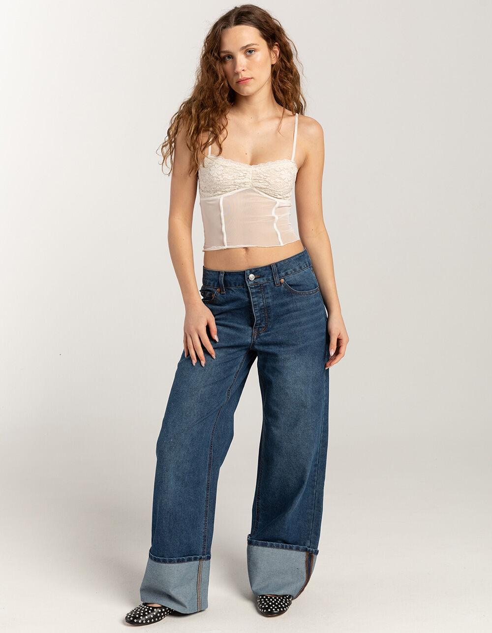 RSQ Womens Mid Rise Wide Leg Cuffed Jeans - Dark Wash Product Image