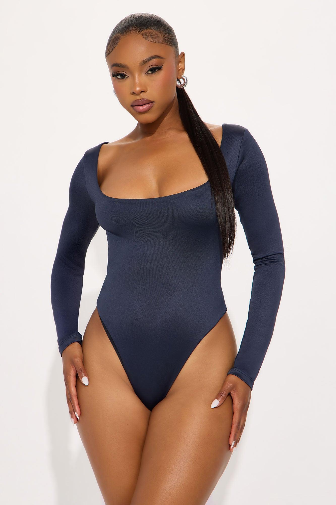 Contour Double Lined Long Sleeve Wide Scoop Neck Bodysuit - Navy Product Image