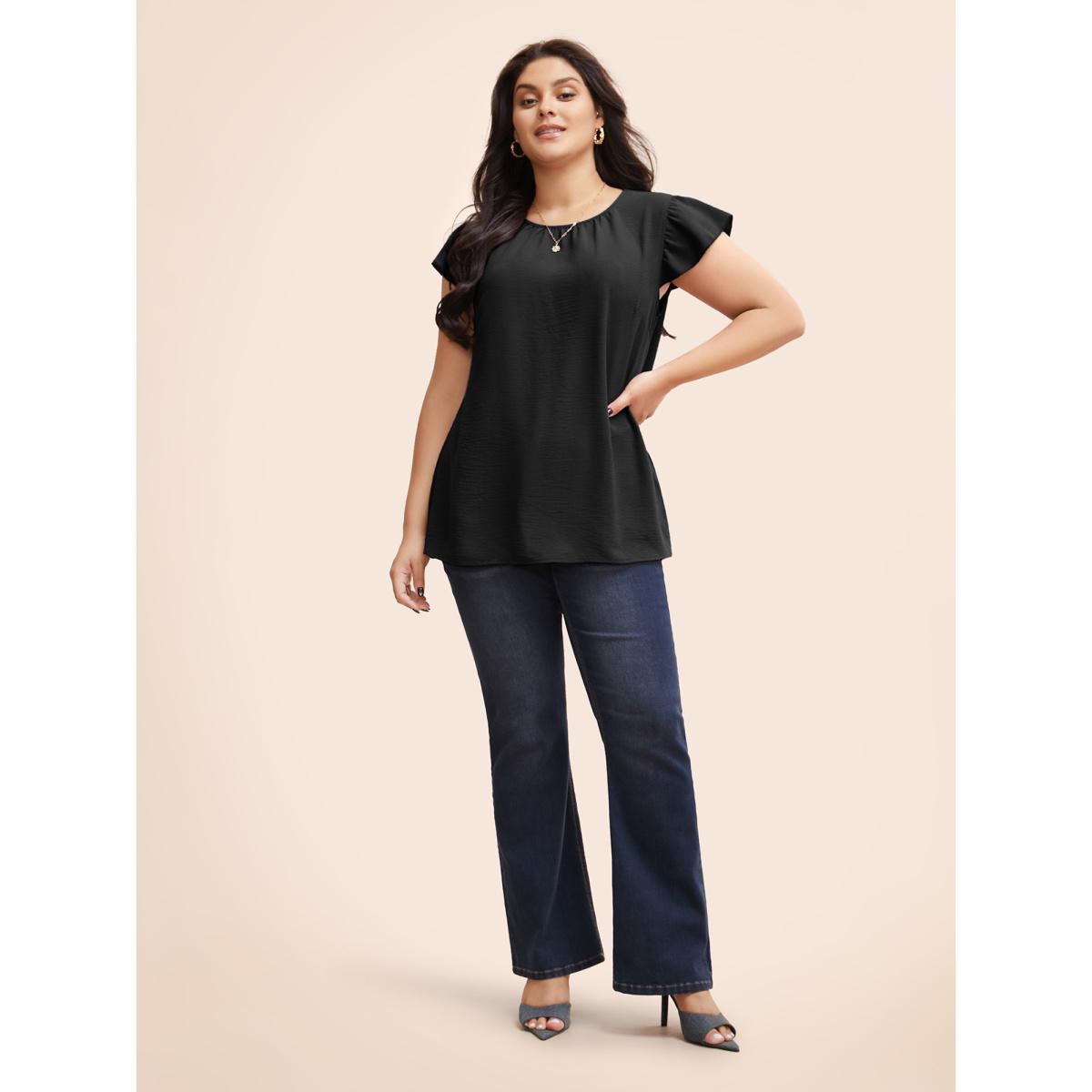 Plus Size Black Solid Gathered Flutter Trim Blouse Women Elegant Cap Sleeve Round Neck Dailywear Blouses BloomChic 12/L Product Image