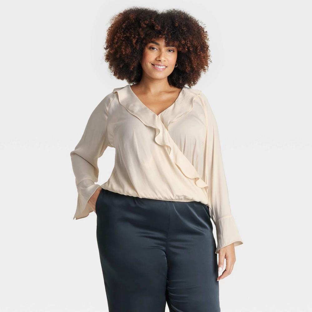 Womens Flounce Long Sleeve V Neck Ruffle Wrap Blouse - A New Day Cream 2X: Recycled Polyester, Satin, Pullover, Button Cuff Product Image