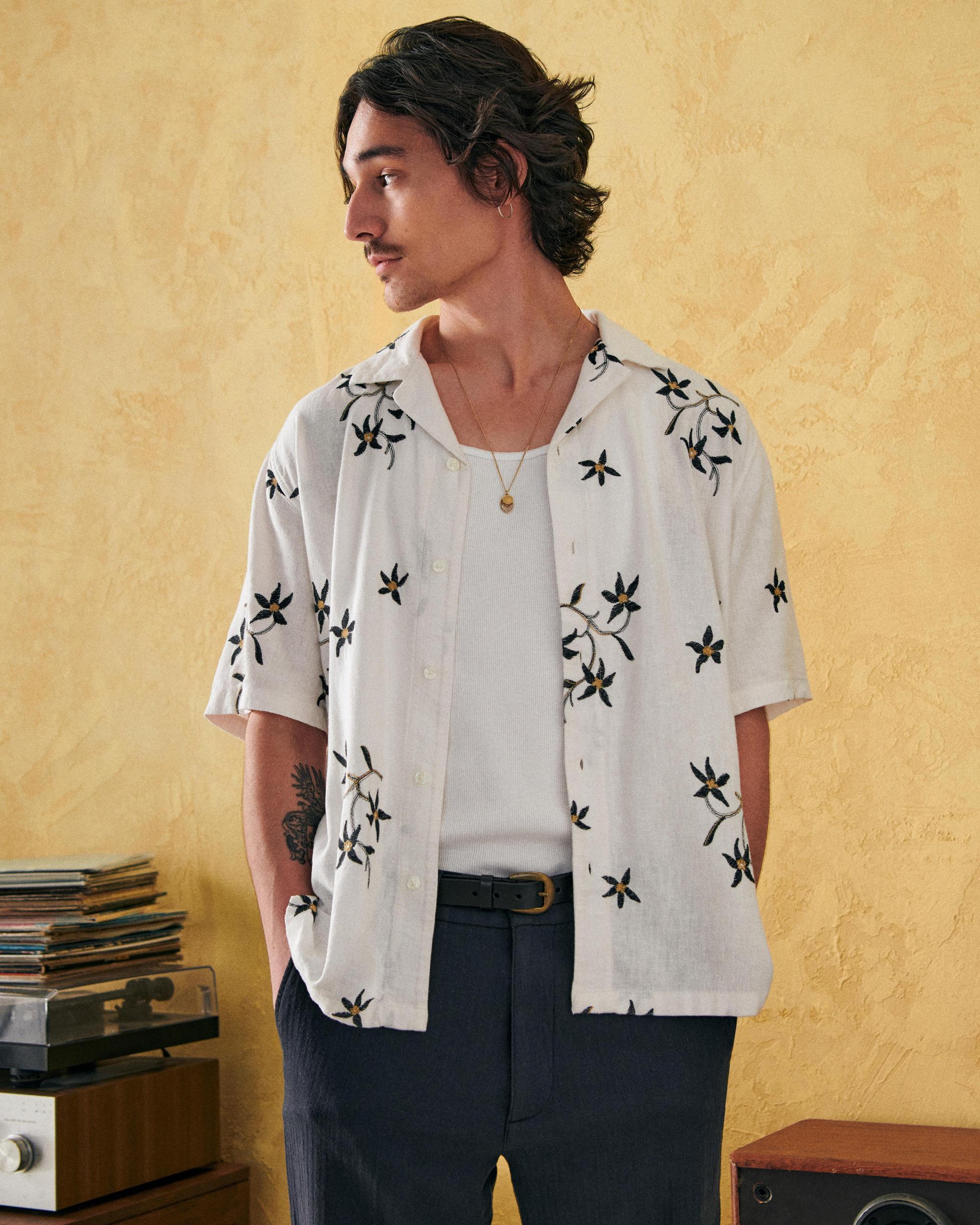 Camp Collar Summer Linen-Blend Embroidered Shirt Product Image