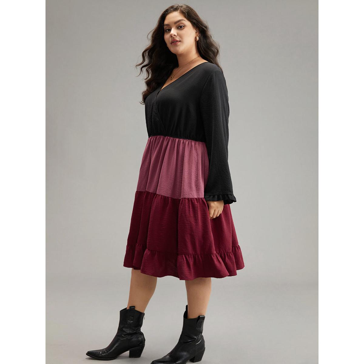 Plus Size Colorblock Contrast Ruffle Layered Hem Dress Black Women Casual Gathered V-neck Long Sleeve Curvy Midi Dress BloomChic 22-24/3X Product Image