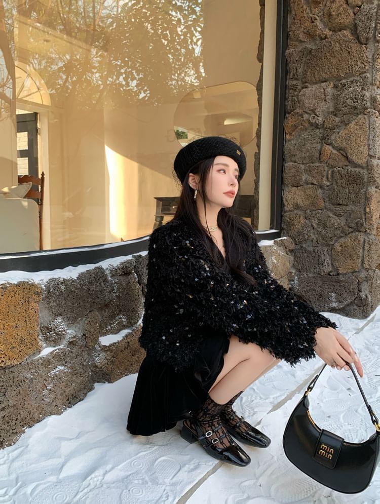 V-Neck Sequin Fluffy Jacket Product Image