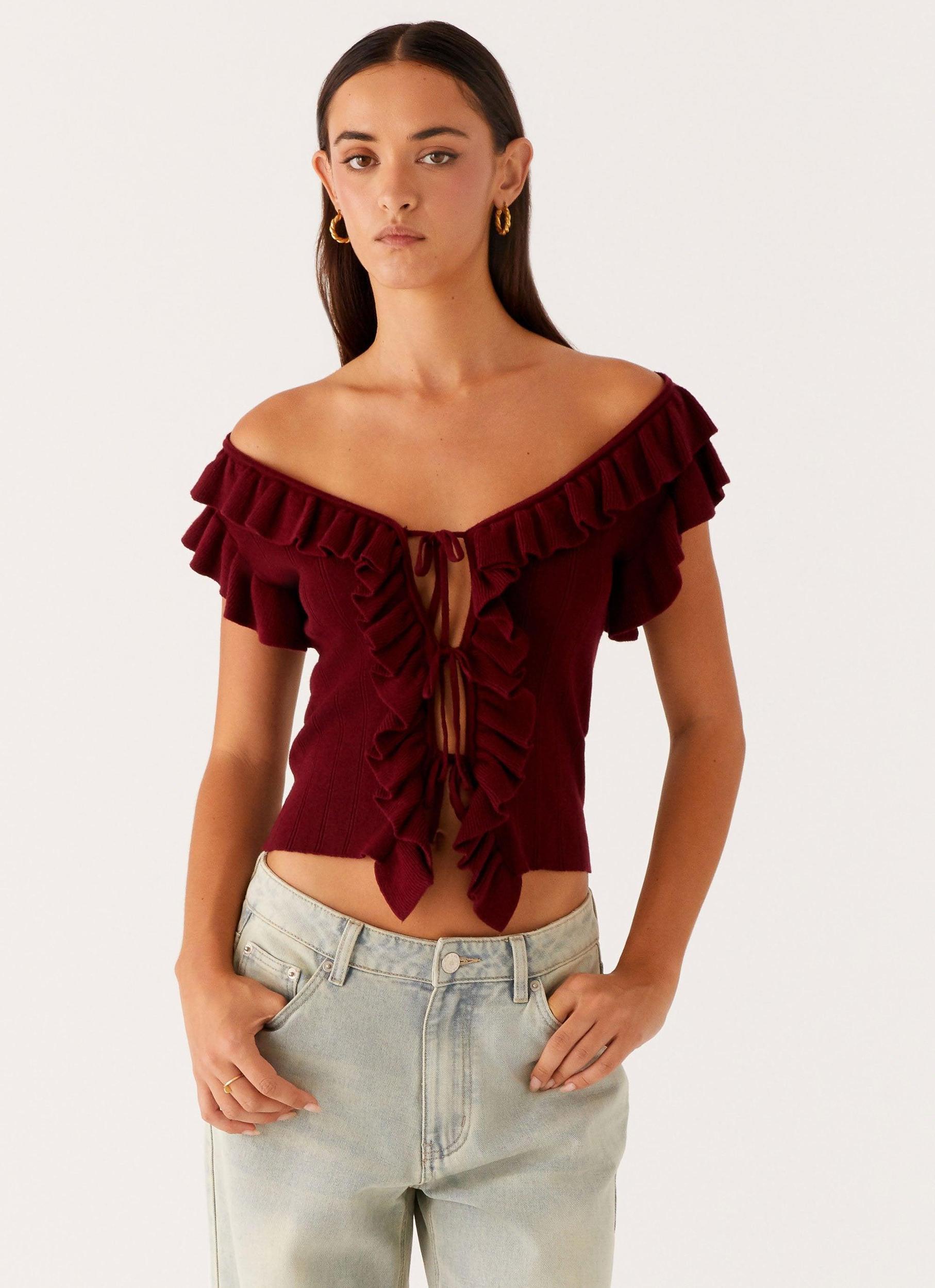 Keeta Frill Top - Burgundy Product Image