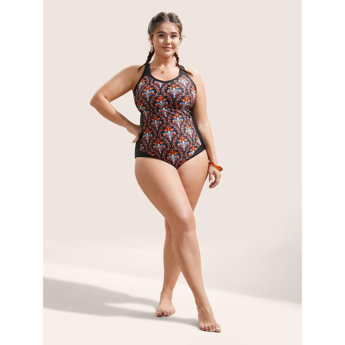 Plus Size Patchwork Boho Print Adjustable Straps One Piece Swimsuit Women's Swimwear Black Beach Non Curve Bathing Suits High stretch One Pieces BloomChic 14-16/1X Product Image