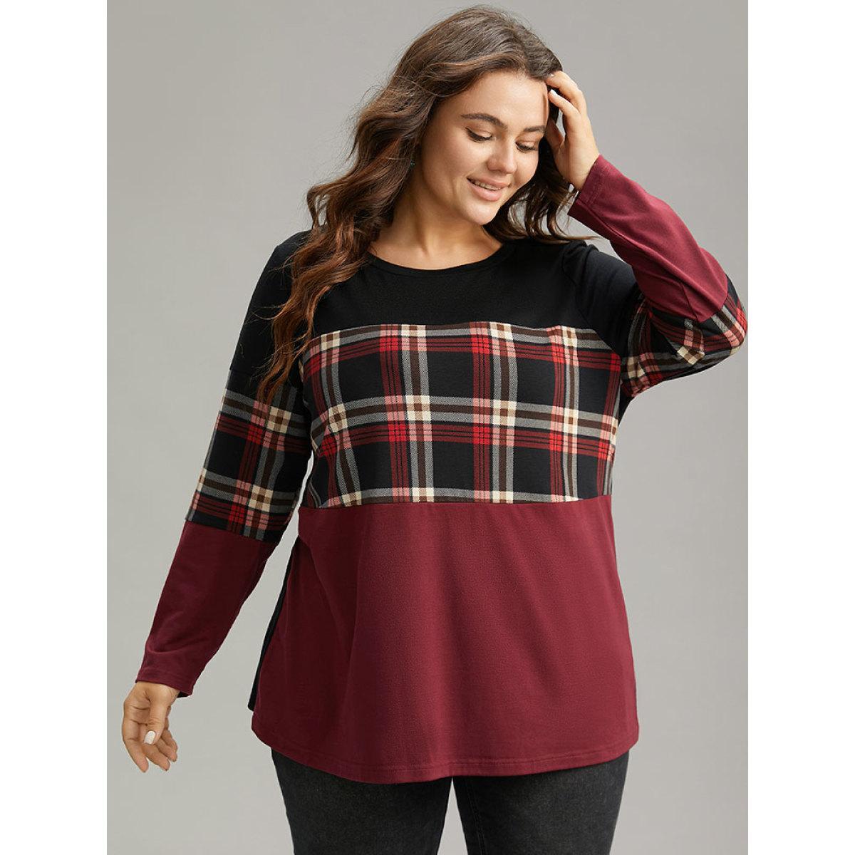 Plus Size Plaid Contrast Patchwork Round Neck T-shirt Red Women Casual Contrast Plaid Round Neck Everyday T-shirts BloomChic 22-24/3X Product Image