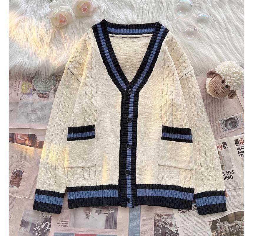 V-Neck Contrast Trim Cable Knit Cardigan Product Image