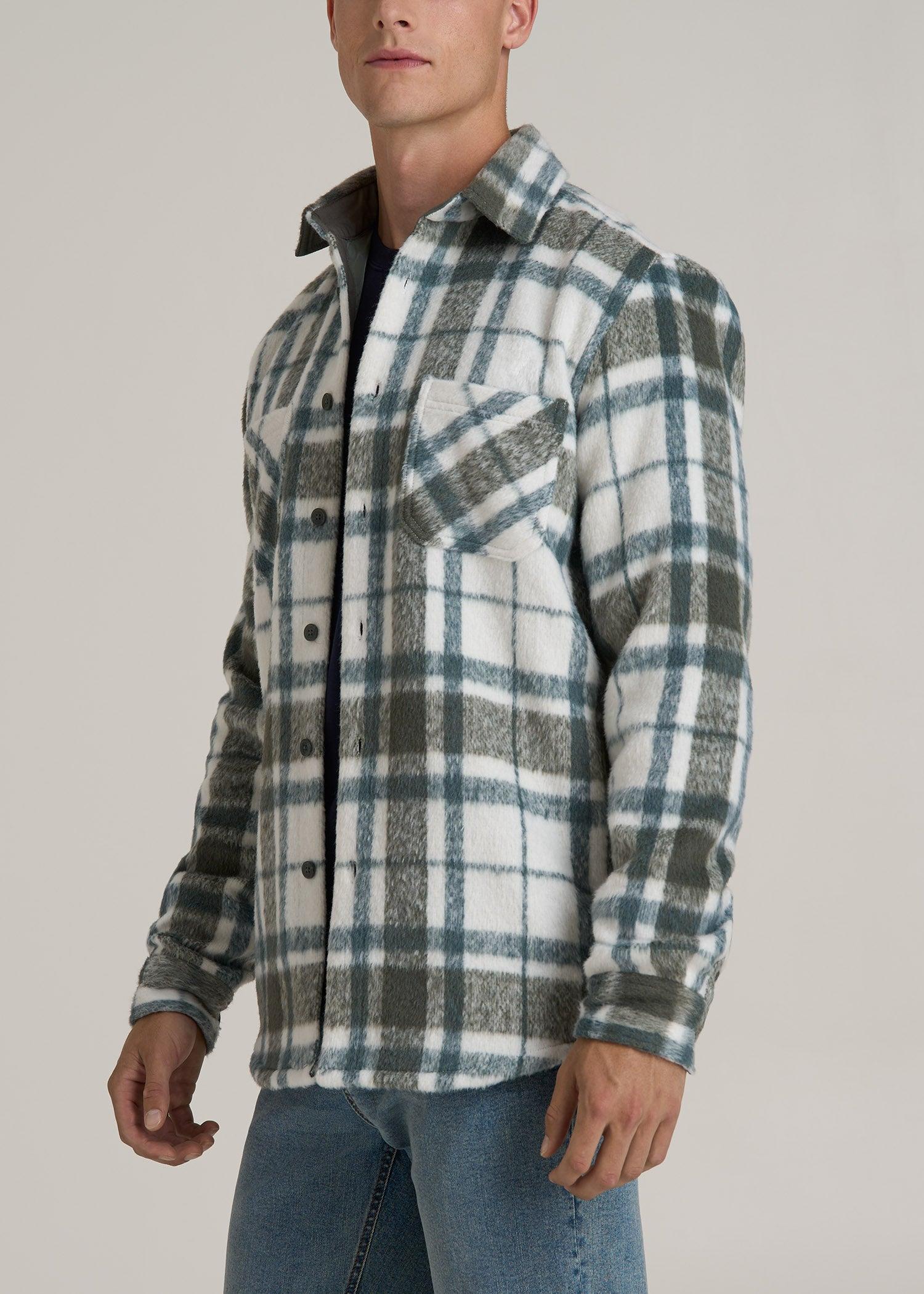 Brushed Flannel Overshirt for Tall Men in Ecru and Green Plaid Product Image