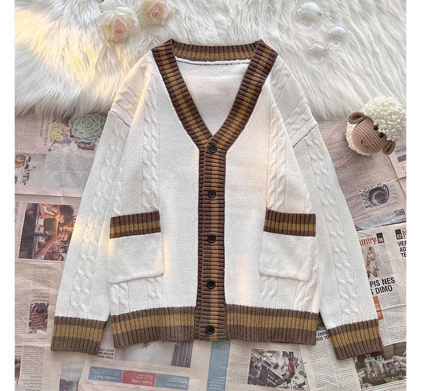 V-Neck Contrast Trim Cable Knit Cardigan Product Image