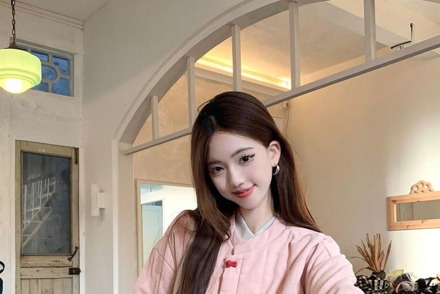 Long-Sleeve Stand Collar Plain Tee / Frog Buttoned Jacket / High Rise Wide Leg Pants Product Image