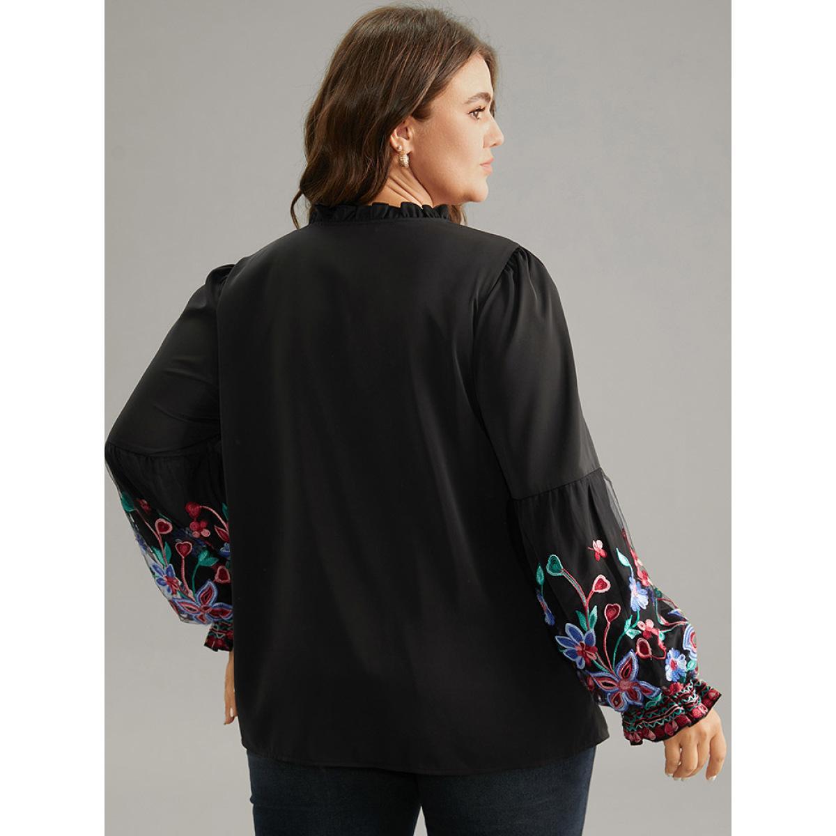 Plus Size Black Floral Embroidered Mesh Tie Neck Ruffles Blouse Women Elegant Long Sleeve Tie Neck Party Blouses BloomChic 14-16/1X Product Image