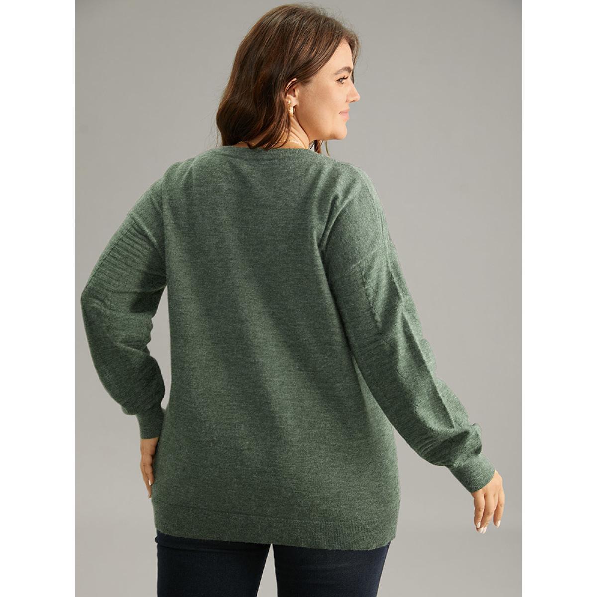 Plus Size Supersoft Essentials Plain Texture V Neck Pullover DarkGreen Women Casual Loose Long Sleeve V-neck Dailywear Pullovers BloomChic 14-16/1X Product Image