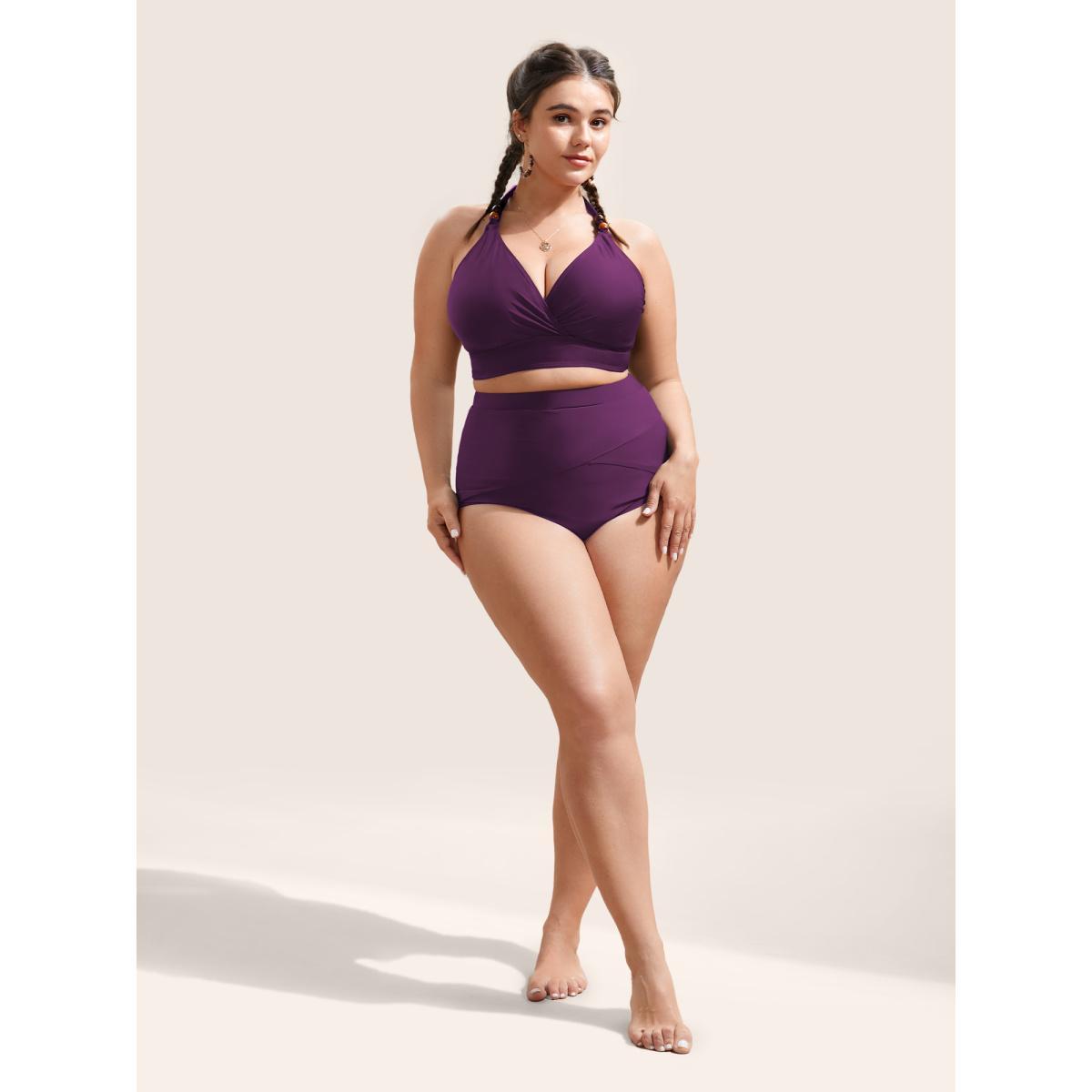 Plus Size Plain V Neck High Stretch Tie Knot Swim Top Women's Swimwear Cyan Beach Tie knot High stretch Skinny Overlap Collar Curve Swim Tops BloomChic 18-20/2X Product Image