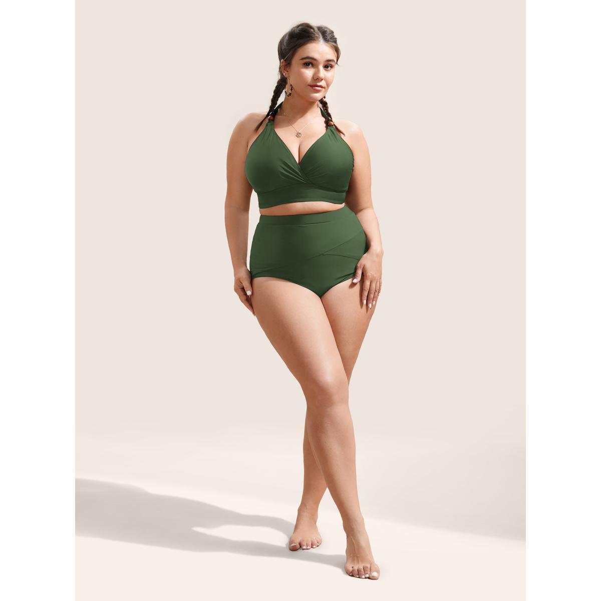 Plus Size Plain V Neck High Stretch Tie Knot Swim Top Women's Swimwear ArmyGreen Beach Tie knot High stretch Skinny Overlap Collar Curve Swim Tops BloomChic 30/6X Product Image