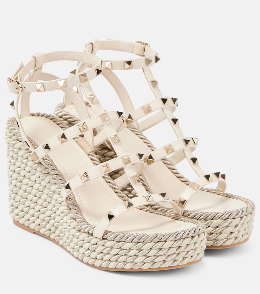 VALENTINO GARAVANI Rockstud Torchon Espadrille Wedges In Light Ivory Product Image