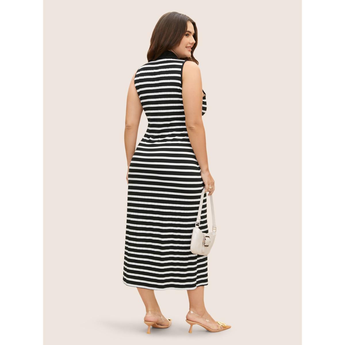 Plus Size Lapel Collar Striped Button Detail Midi Dress Black Women Work From Home Button Shirt collar Sleeveless Curvy BloomChic 18-20/2X Product Image