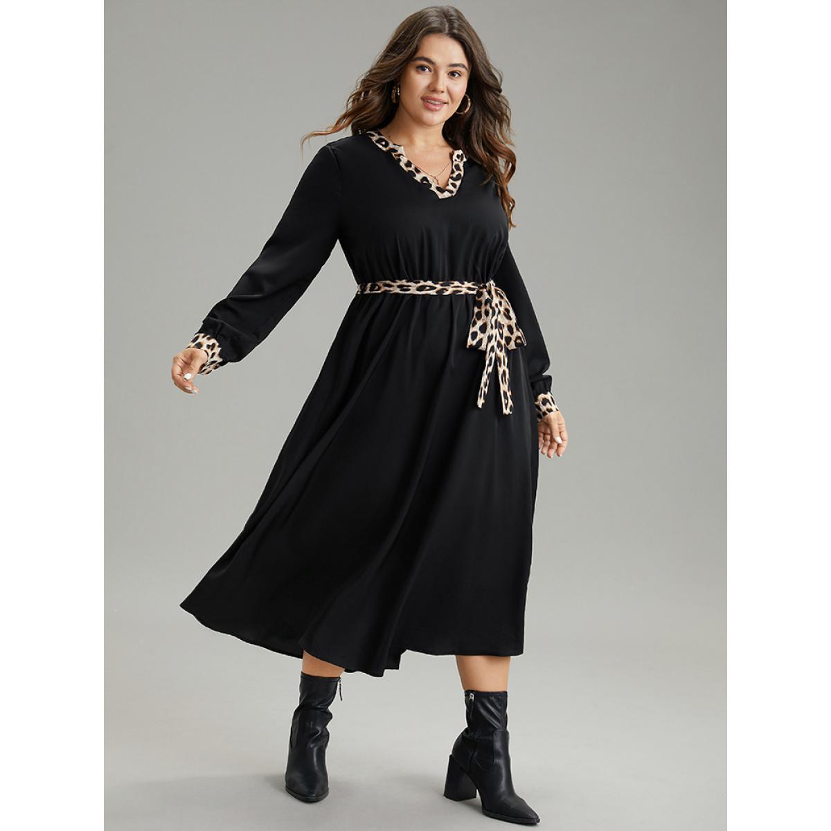 Plus Size Leopard Patchwork Pocket Belted Notched Dress Black Women Office Patchwork Notched collar Long Sleeve Curvy Midi Dress BloomChic 26/4X Product Image