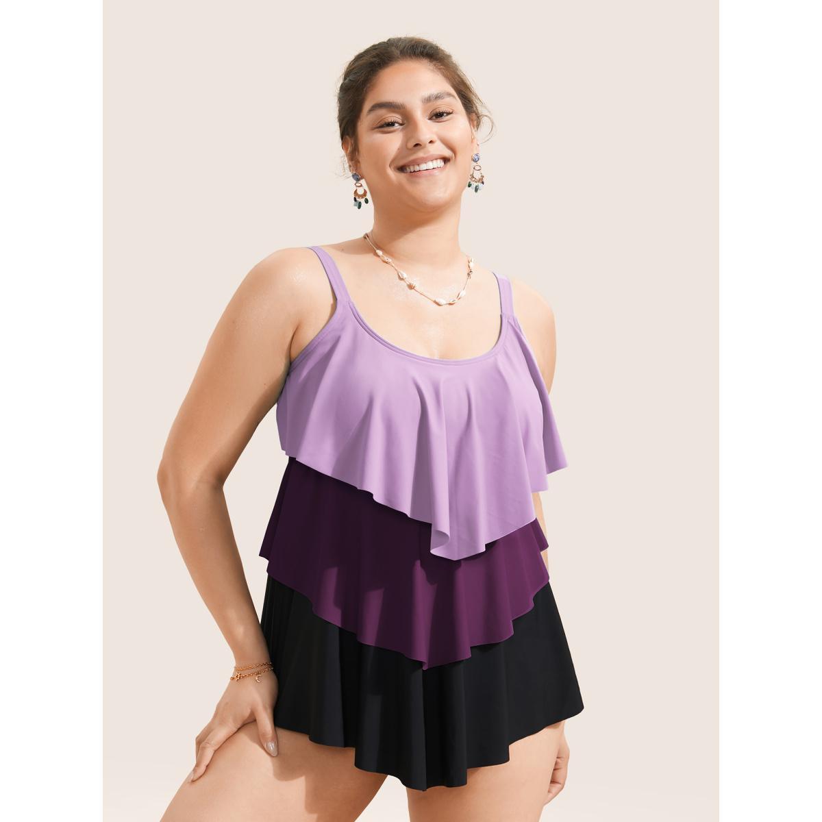 Plus Size Colorblock Contrast Ruffle Layered Hem Tankini Top Women's Swimwear Lilac Beach Non High stretch Bodycon U-neck Curve Swim Tops BloomChic 28/5X Product Image
