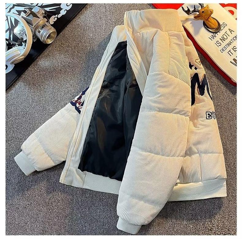 Stand Collar Lettering Embroidered Corduroy Zip Puffer Jacket Product Image