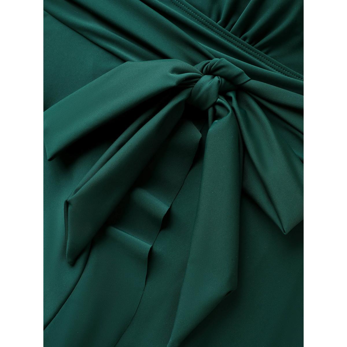 Plus Size Flared Hem Tied Adjustable Swim Dress Women's Swimwear DarkGreen Beach Bodycon V-neck High stretch Curve Swim Dresses BloomChic 10/M Product Image