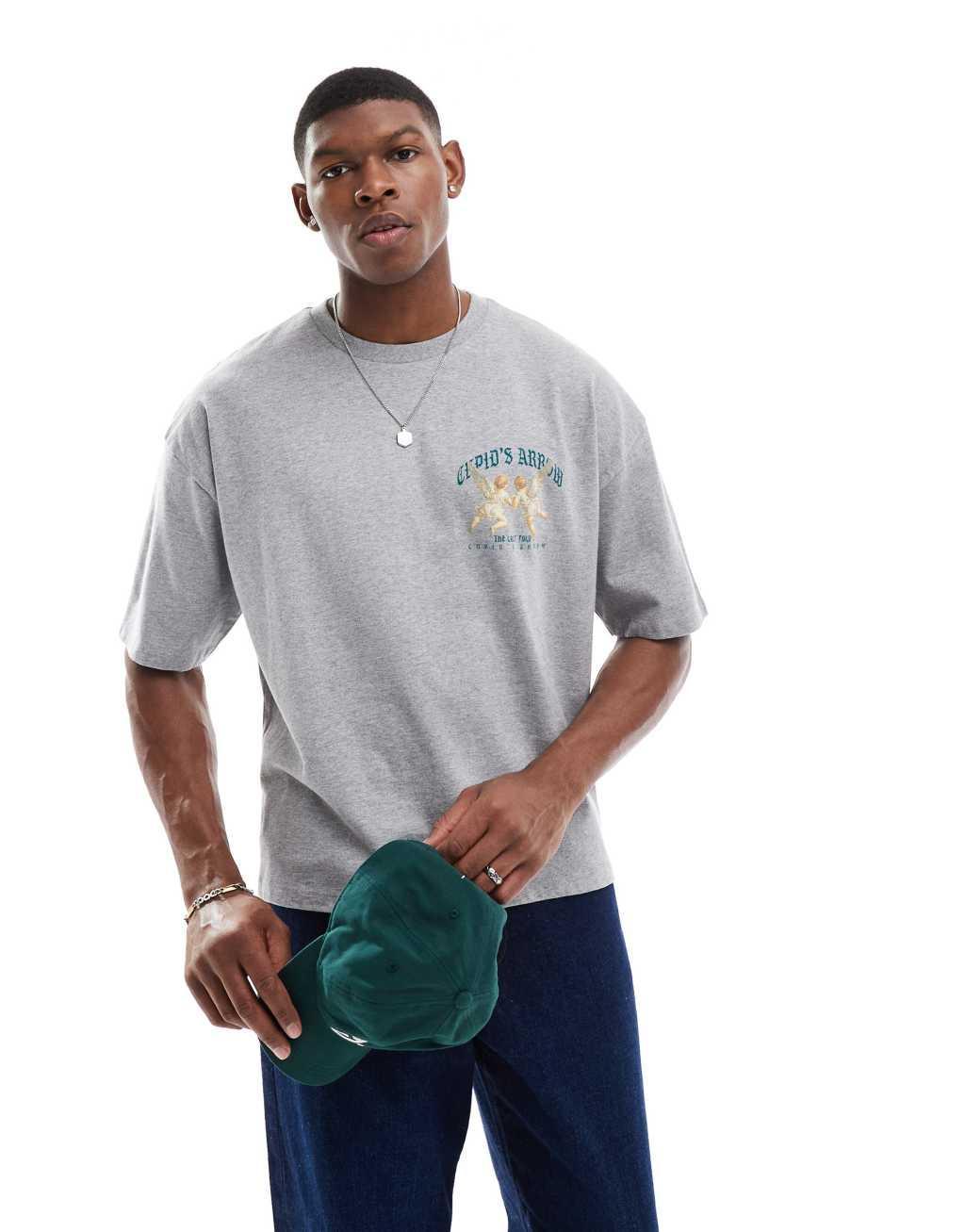 ASOS DESIGN boxy oversized T-shirt with cherub graphic in gray heather Product Image
