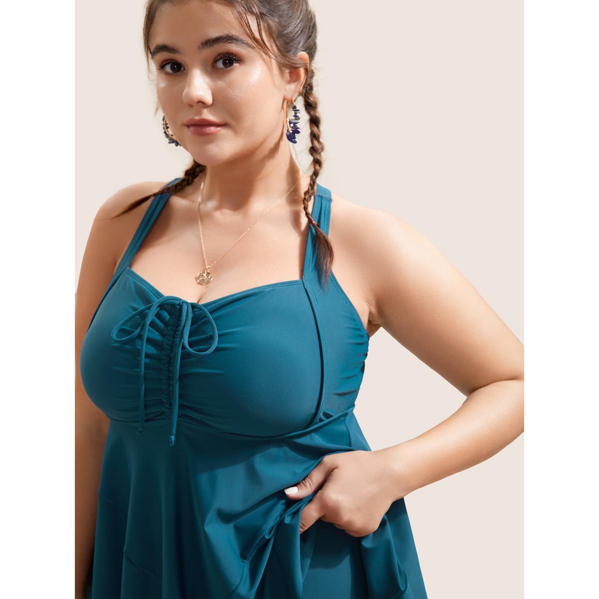 Plus Size Plain Gathered Adjustable Straps Drawstring Swim Dress Women's Swimwear Teal Beach Bodycon Heart neckline High stretch Curve Swim Dresses BloomChic 18-20/2X Product Image