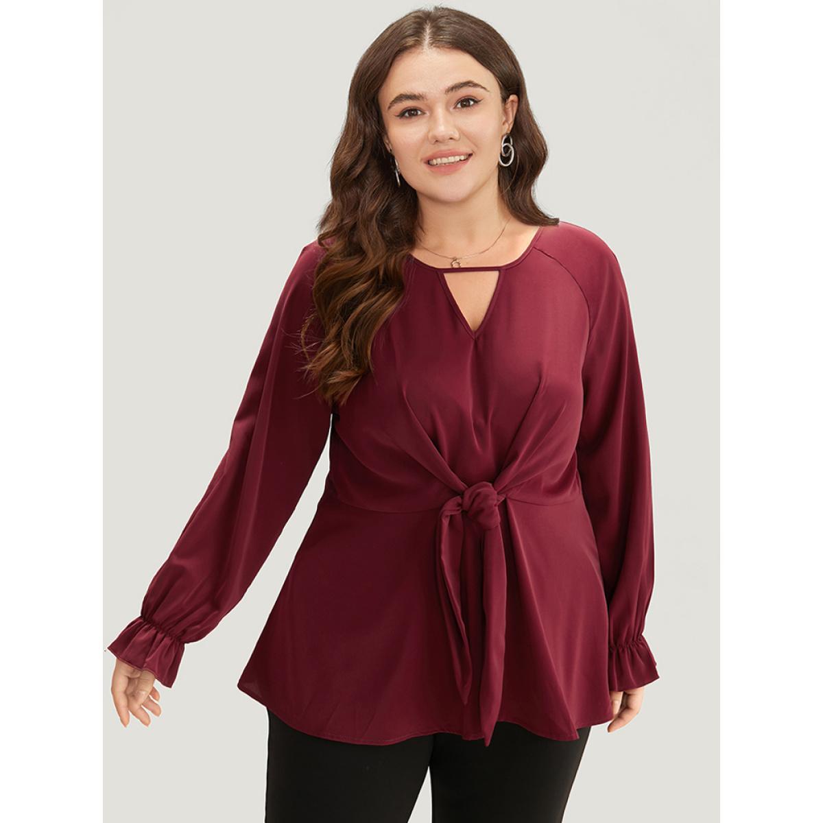 Plus Size Scarlet Anti-Wrinkle Twist Front Keyhole Ties Blouse Women Office Long Sleeve Keyhole Cut-Out Work Blouses BloomChic 14-16/1X Product Image