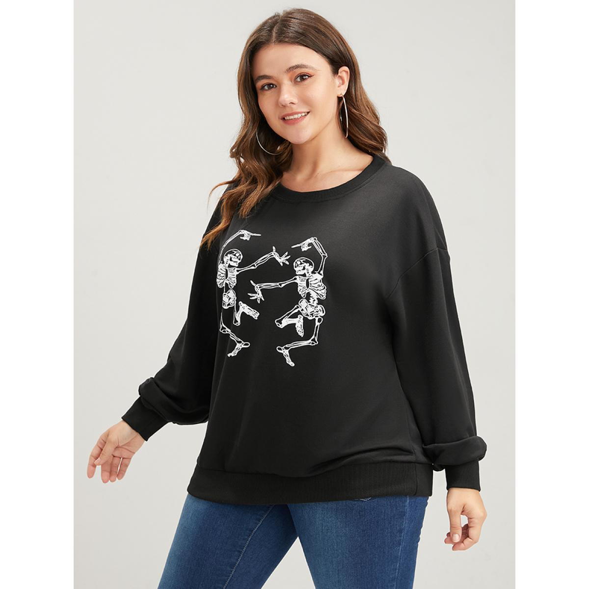 Plus Size Halloween Solid Skull Print Drop Shoulder Sweatshirt Women Black Casual Plain Loose Round Neck Dailywear Sweatshirts BloomChic 26/4X Product Image