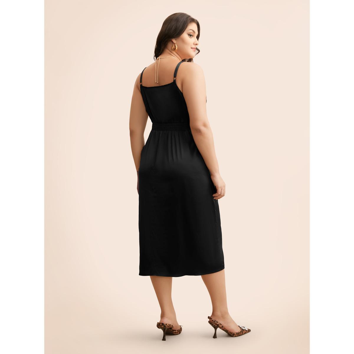 Plus Size Lace Panel Shirred Cami Dress Black Women Elegant Woven ribbon&lace trim V-neck Sleeveless Curvy BloomChic 30/6X Product Image