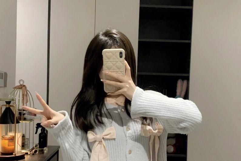Pajama Set: Round Neck Bow Heart Button Cardigan + Straight Leg Pants Product Image