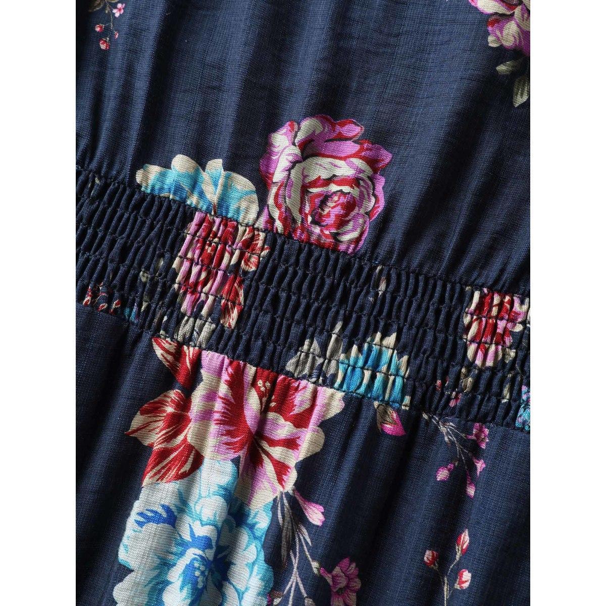 Plus Size Floral Print Shirred Waist Slit Midi Dress DarkBlue Women Slit V-neck Short sleeve Curvy BloomChic 14-16/1X Product Image